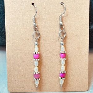 Stainless Steel Dangle Earrings Freshwater Pearls & Crackle Quartz Hand Made